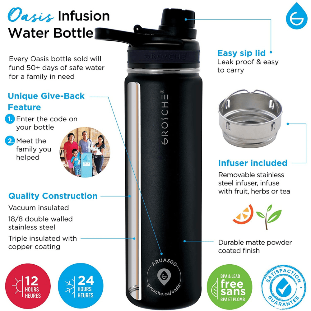 Grosche Oasis Infuser Water Bottle 650ml Midnight Black