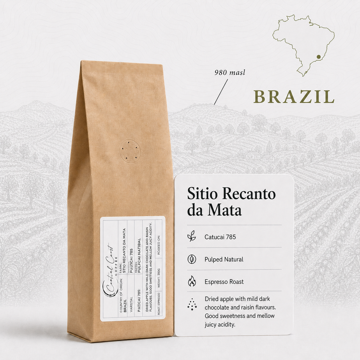Central Coast Coffee Brazil Recanto da Mata Catucai Pulped Natural espresso coffee beans 200g bag