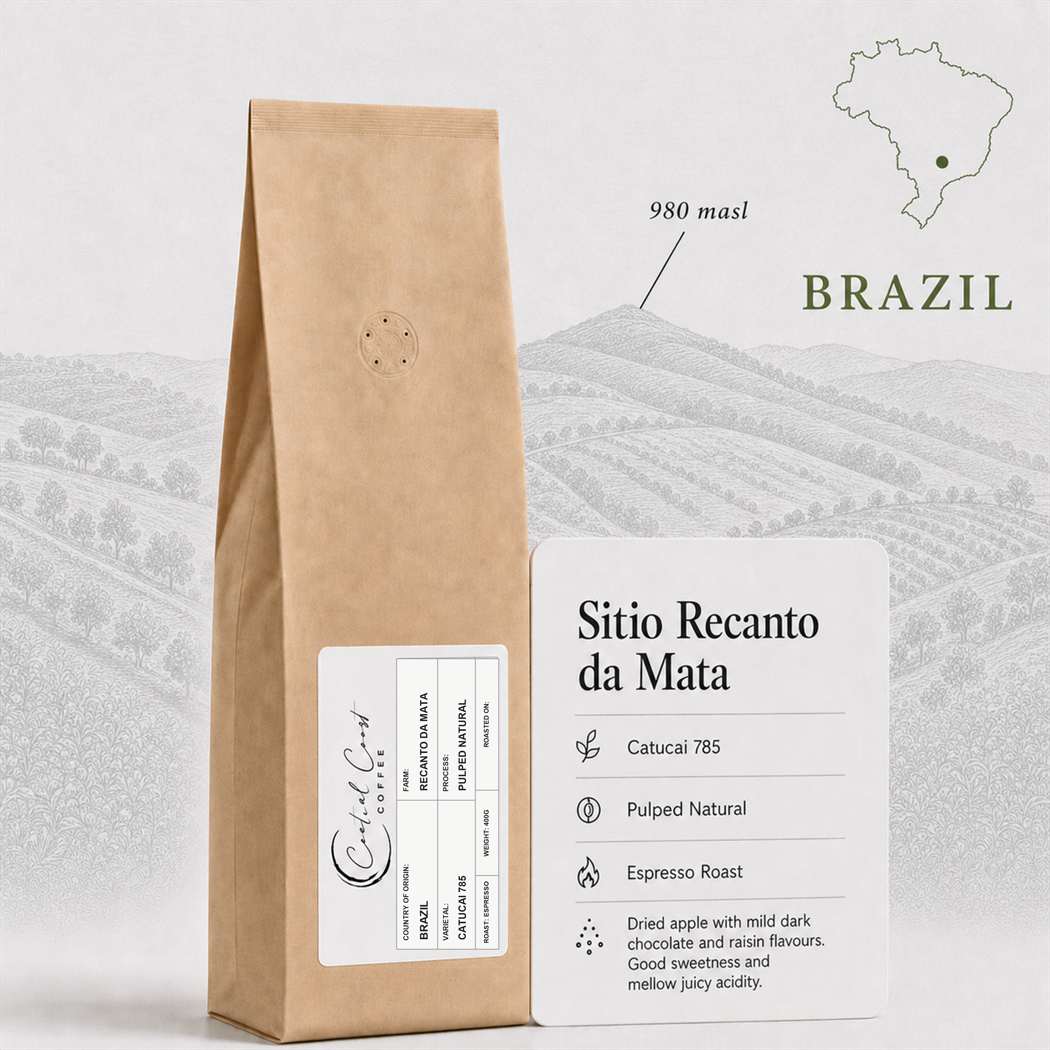 Central Coast Coffee Brazil Recanto da Mata Catucai Pulped Natural espresso coffee beans 400g bag