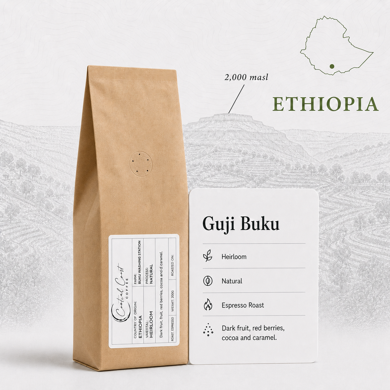 Central Coast Coffee Ethiopia Guji Buku Heirloom Natural espresso coffee beans 200g bag