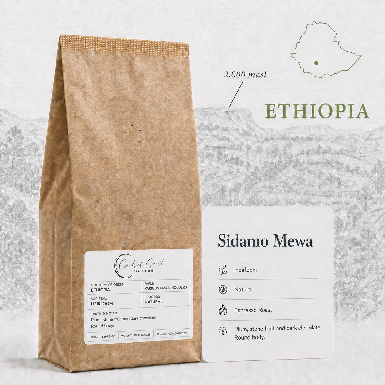 Central Coast Coffee Ethiopia Sidamo Mewa Heirloom Natural espresso coffee beans 1kg bag