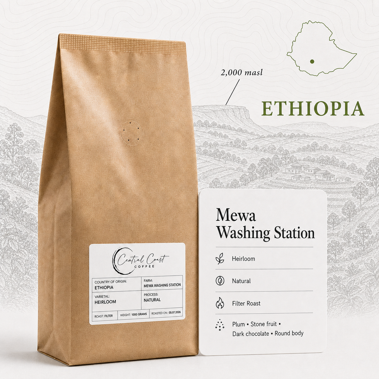 Ethiopia | Sidamo Mewa | Heirloom Natural Grade 1 1kg bag