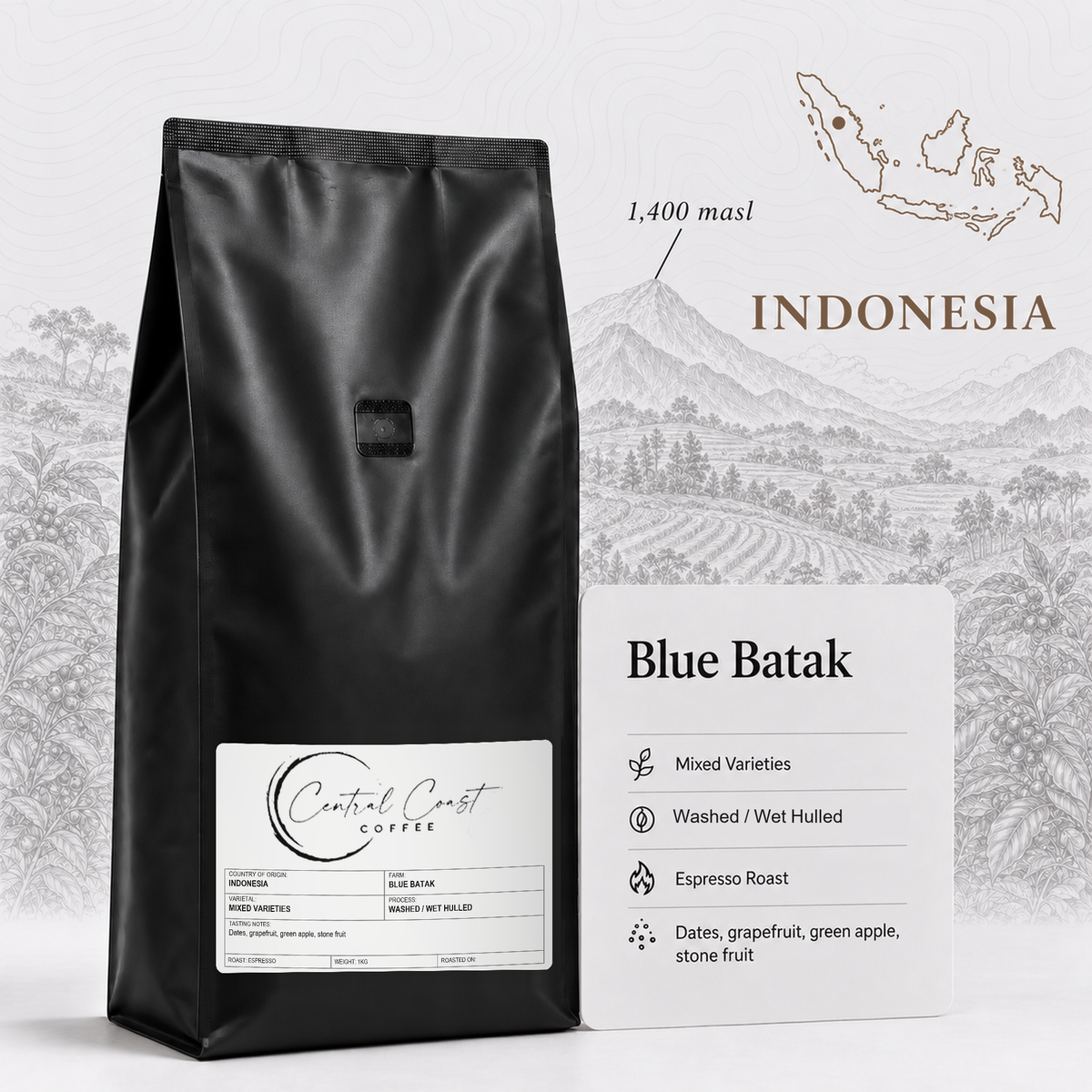 Indonesia Blue Batak Wet Hulled 1kg espresso roast bag