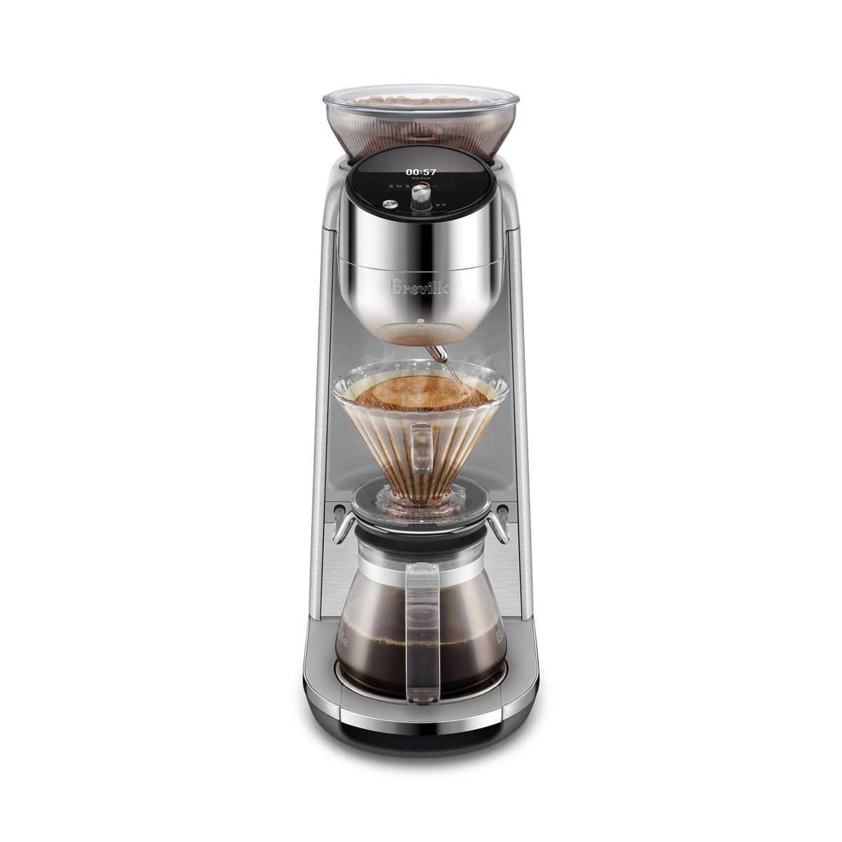 Breville Spiral Luxe Auto Pour-Over Coffee Maker - front, brewing into the glass carafe