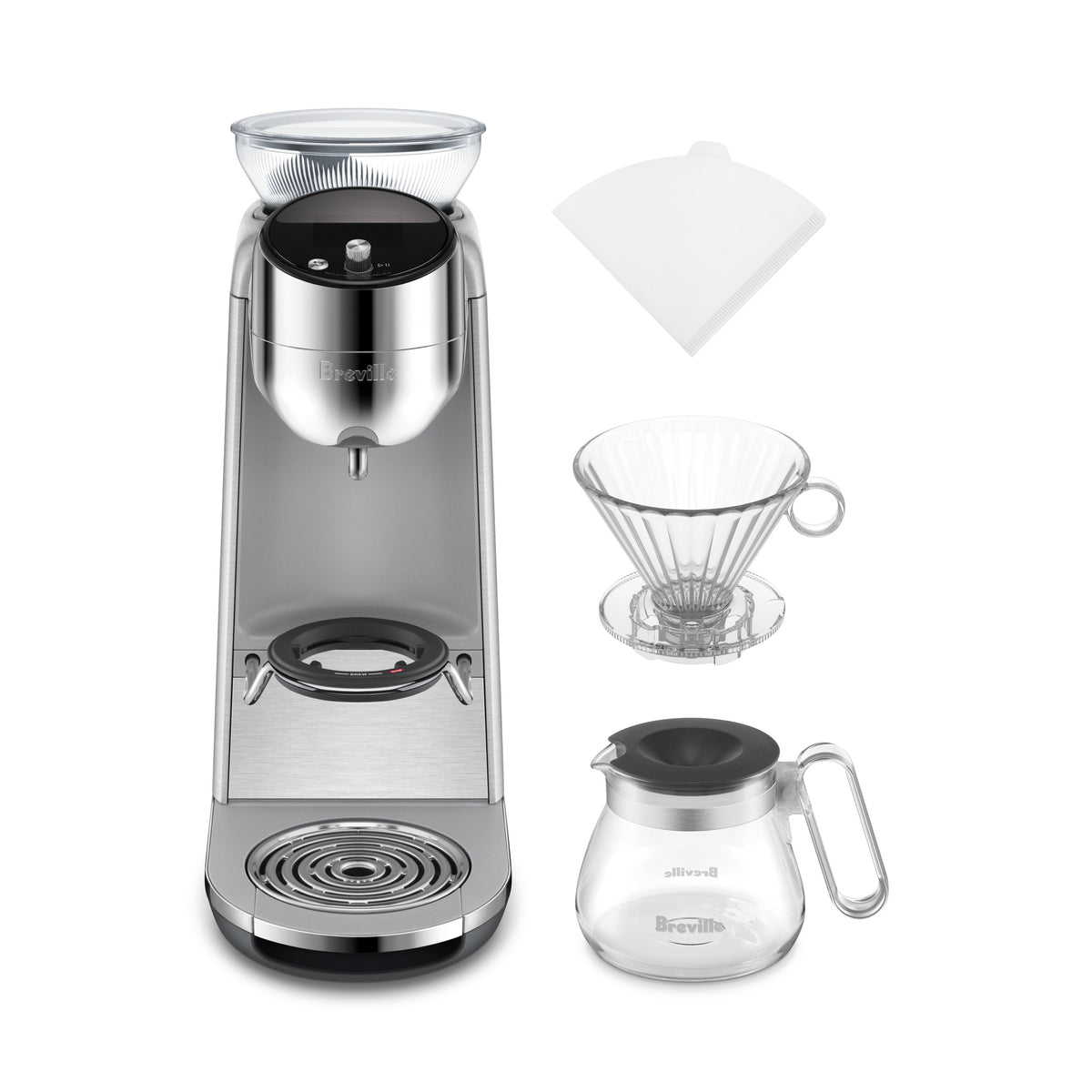 Breville Spiral Luxe Auto Pour-Over Coffee Maker - front with dripper, carafe and filter papers