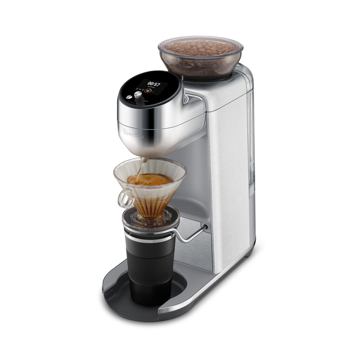 Breville Spiral Luxe Auto Pour-Over Coffee Maker - high angle, right, with travel mug