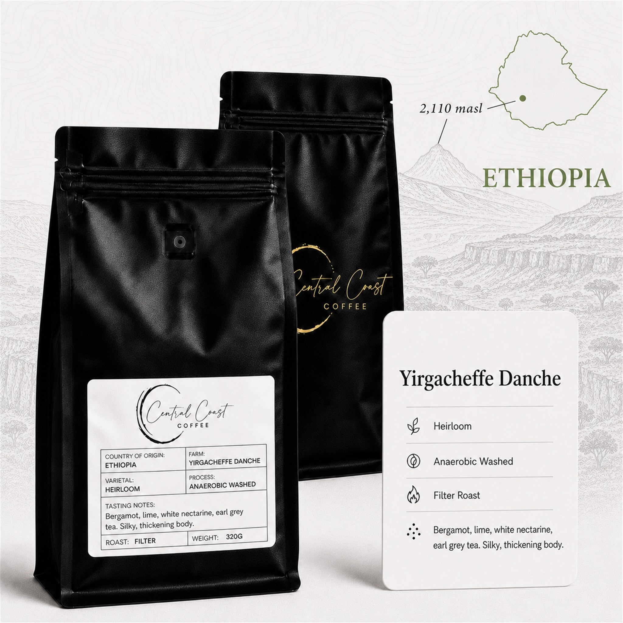 Central Coast Coffee 320g bag of Ethiopia Yirgacheffe Danche heirloom anaerobic washed Grade 1 coffee