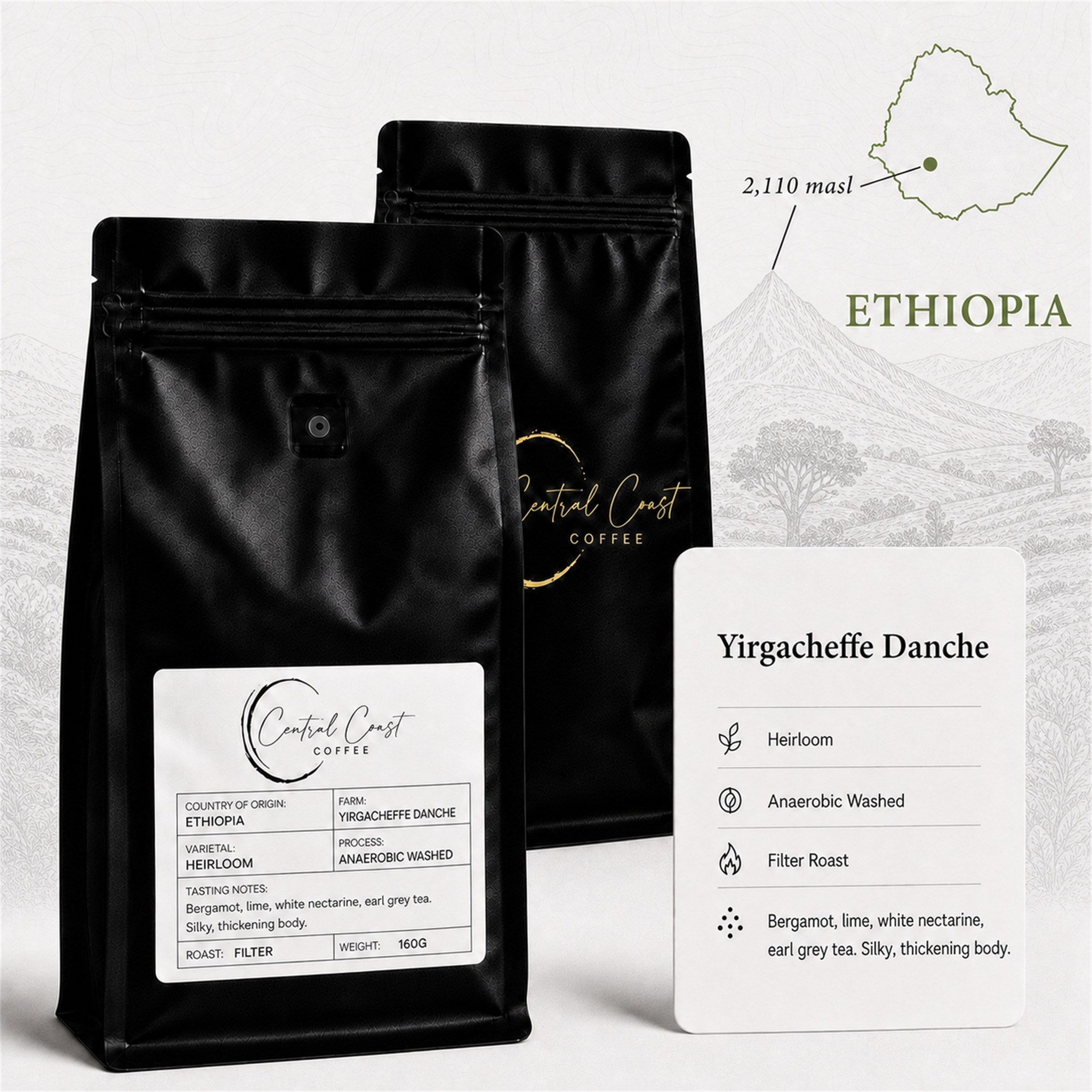 Central Coast Coffee 160g bag of Ethiopia Yirgacheffe Danche heirloom anaerobic washed Grade 1 coffee