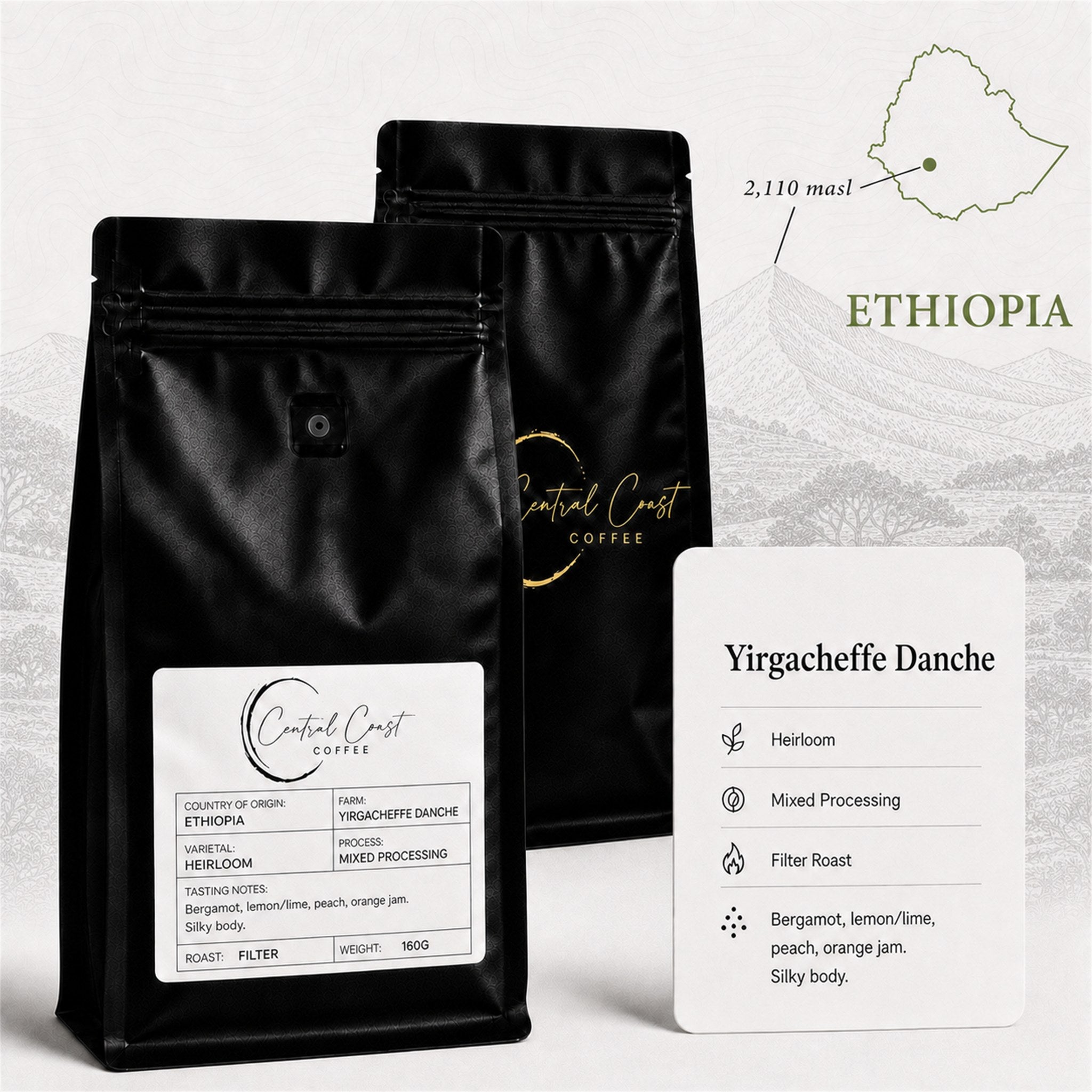 Central Coast Coffee 160g bag of Ethiopia Yirgacheffe Danche heirloom hybrid washed Grade 1 coffee