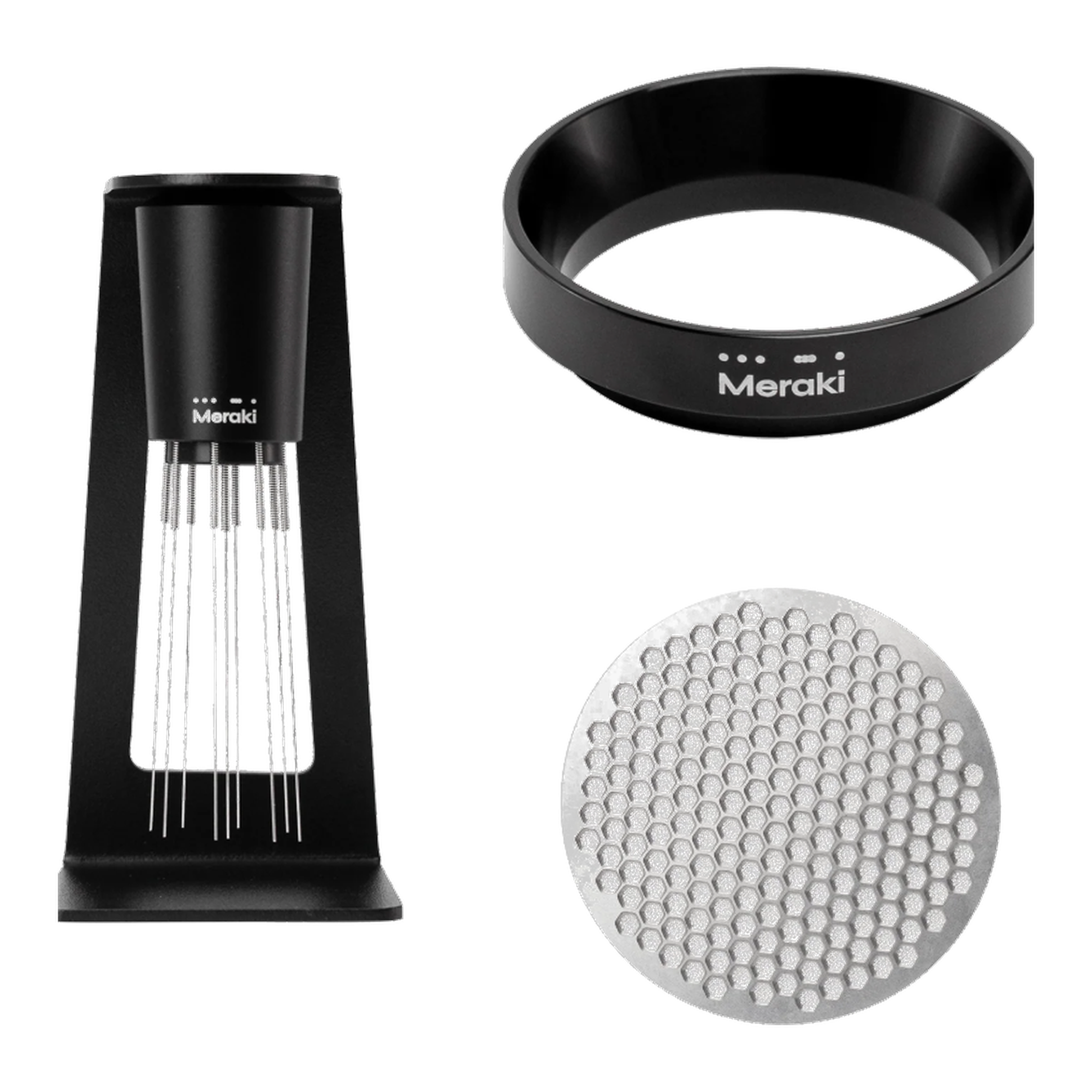 Meraki espresso prep kit: distribution needle, dosing funnel and puck screen
