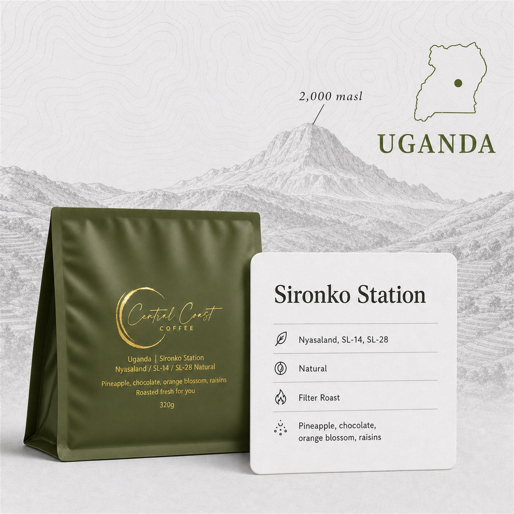 Central Coast Coffee 320g bag of Uganda Sironko Station Nyasaland, SL-14 and SL-28 natural coffee from Mount Elgon