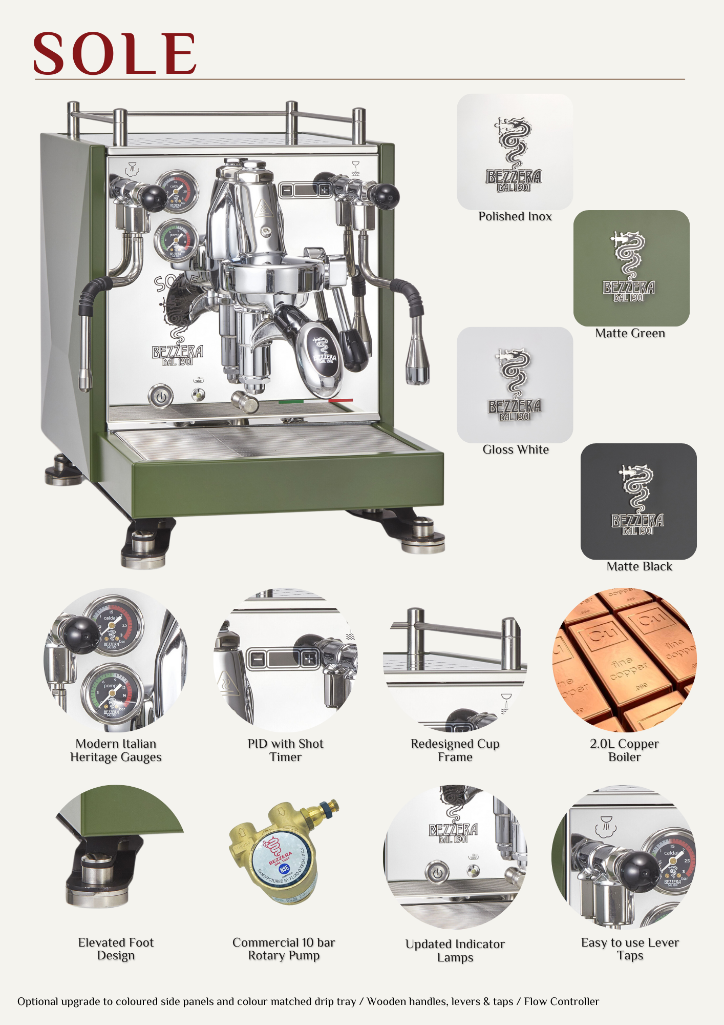Bezzera Sole Espresso Coffee Machine (Dual Boiler, PID, Rotatary Pump, Shot Timer. Plumbable)