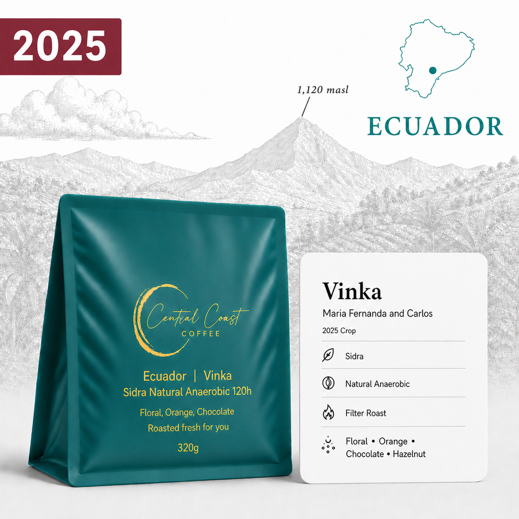Central Coast Coffee Ecuador Vinka Farm 2025 Sidra Natural Anaerobic 120h coffee beans 320g bag