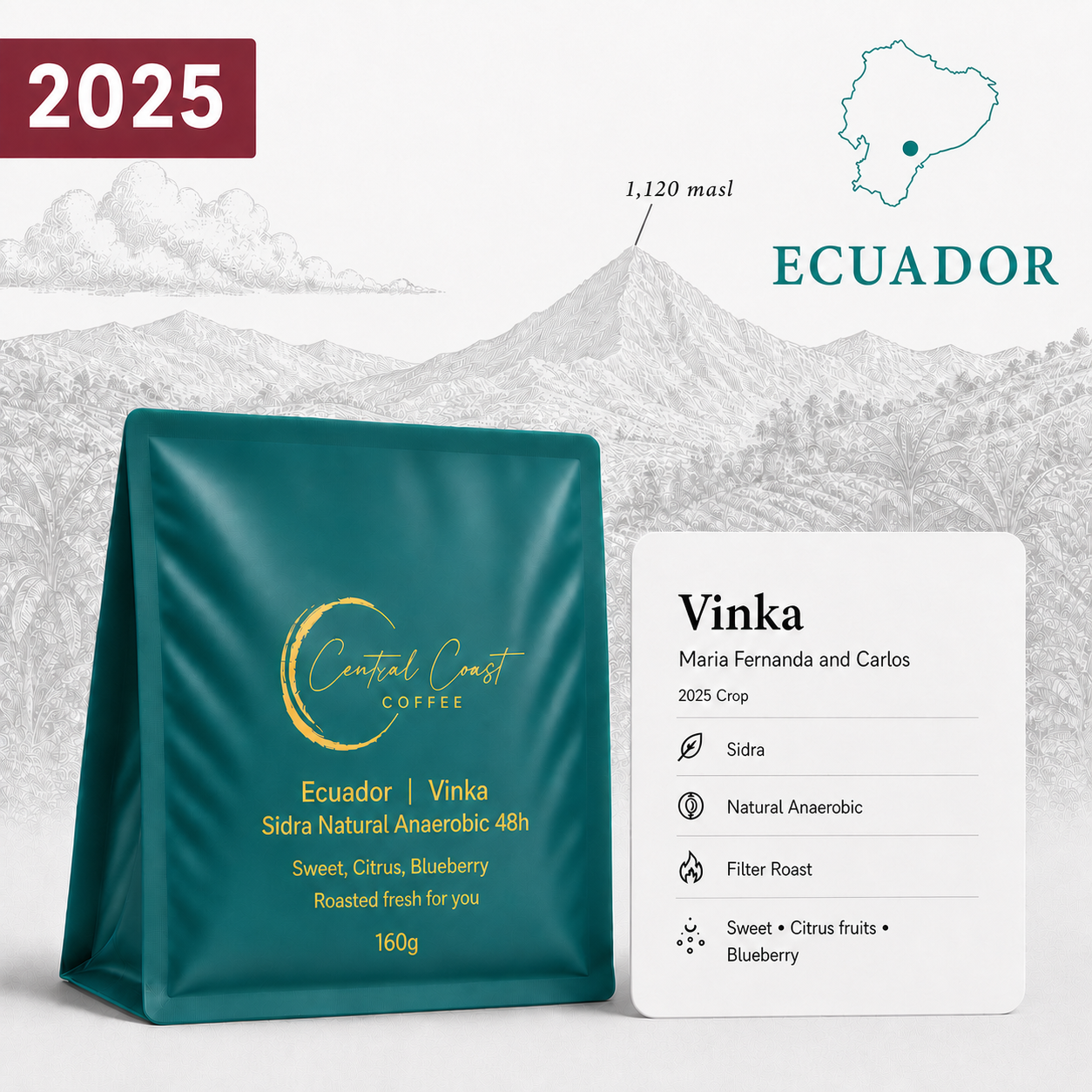Central Coast Coffee Ecuador Vinka Farm 2025 Sidra Natural Anaerobic 48h coffee beans 160g bag