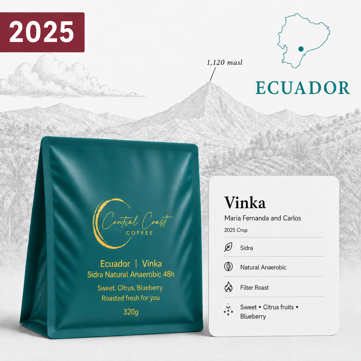 Central Coast Coffee Ecuador Vinka Farm 2025 Sidra Natural Anaerobic 48h coffee beans 320g bag