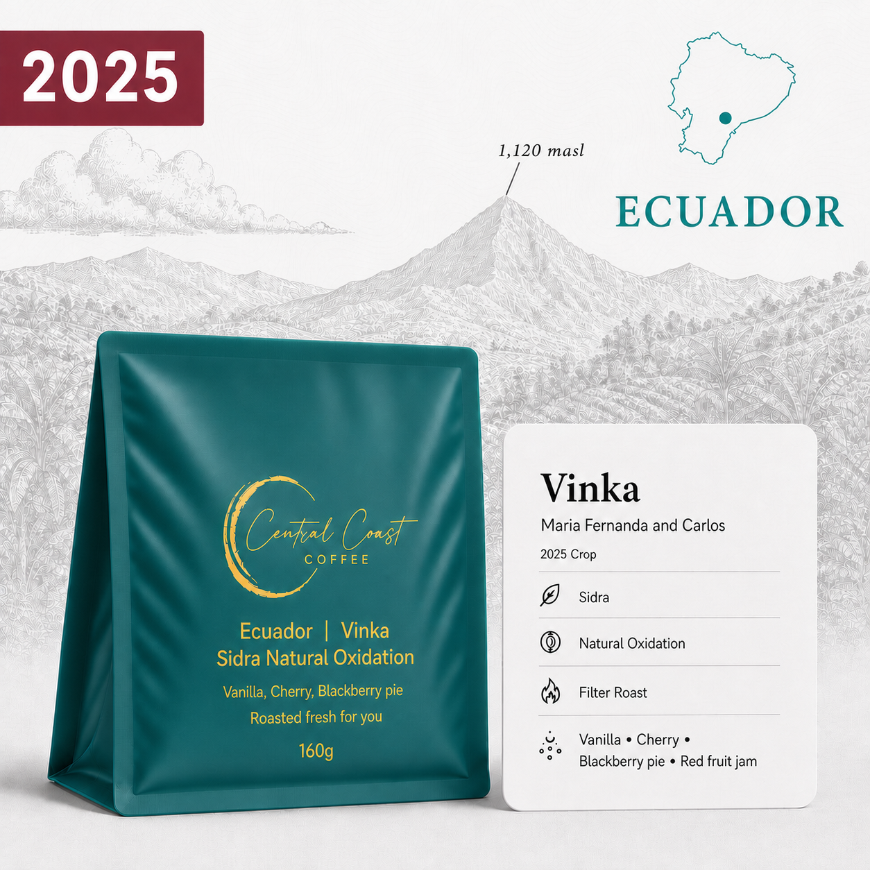 Central Coast Coffee Ecuador Vinka Farm 2025 Sidra Natural Oxidation coffee beans 160g bag