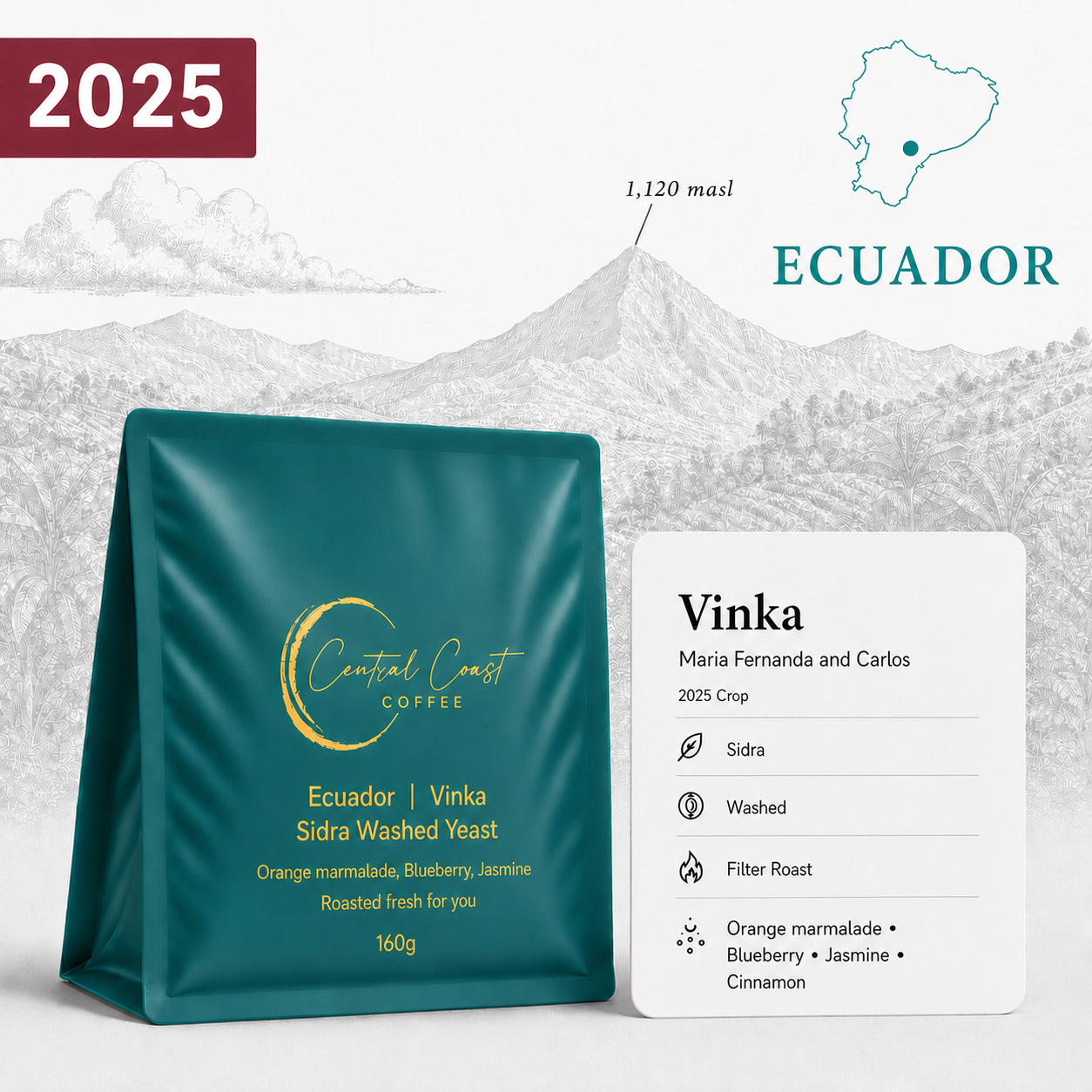 Central Coast Coffee Ecuador Vinka Farm 2025 Sidra Washed Yeast coffee beans 160g bag