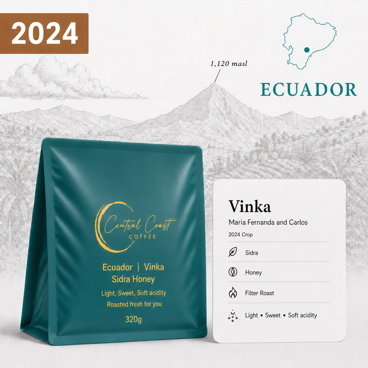 Central Coast Coffee Ecuador Vinka Farm Sidra Honey coffee beans 320g bag