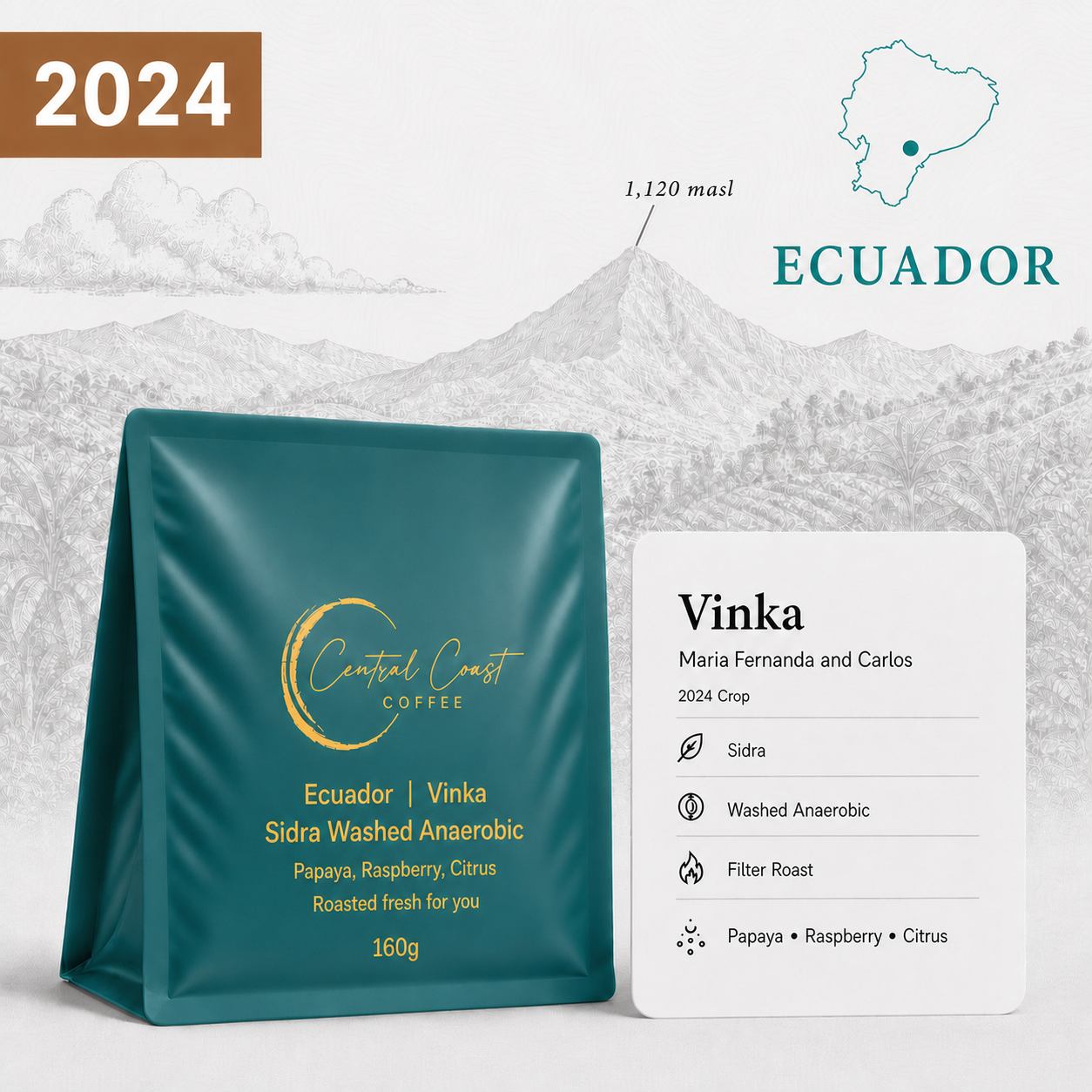 Central Coast Coffee Ecuador Vinka Farm Sidra Washed Anaerobic coffee beans 160g bag